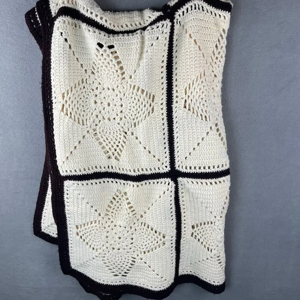 Vintage Handmade Crochet Afghan Throw 12 Panels Cream Brown Trim 47 x 65”